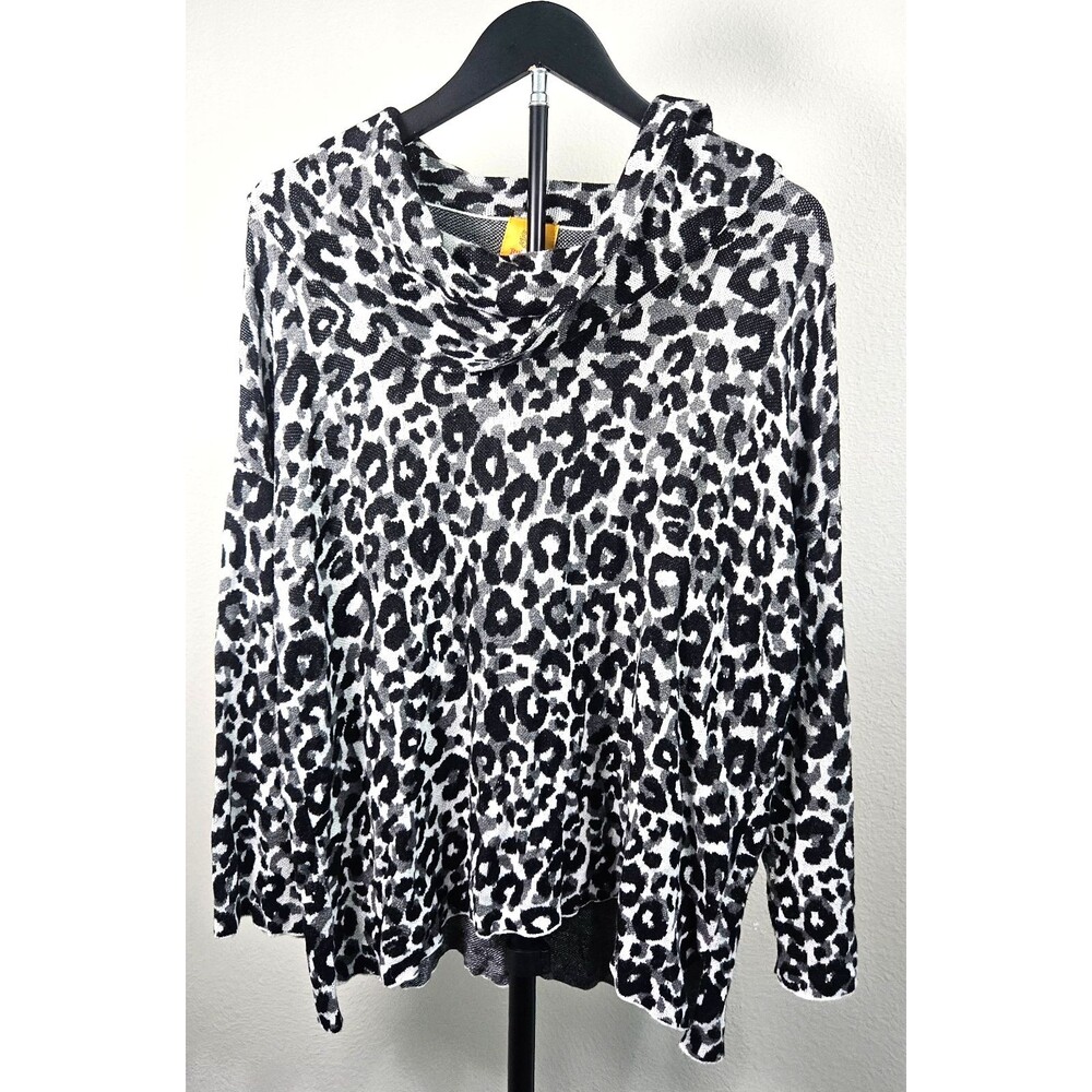 Ruby Rd XL Leopard Print Cowl Neck Sweater Top Gray Black Animal Print Knit
